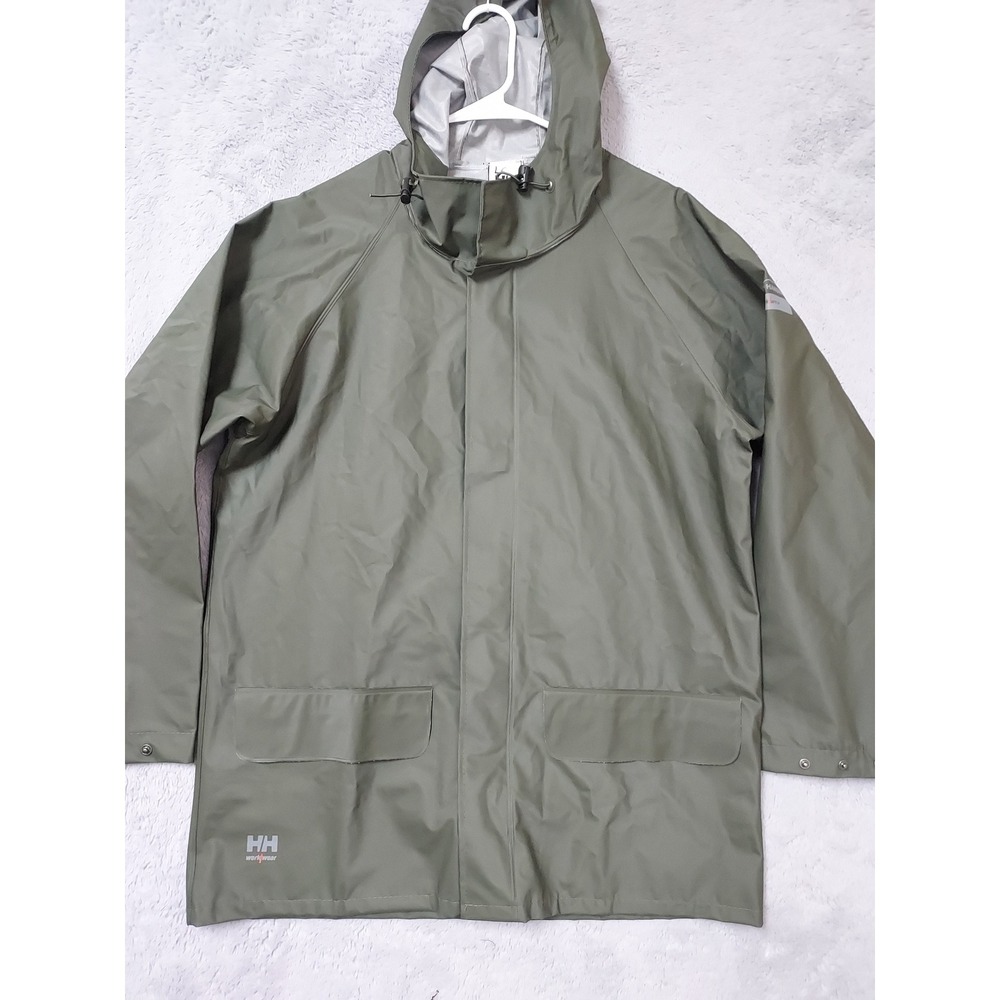 Helly Hansen Jacket Mens Medium Work Wear Rain Hooded Waterproof PVC Green Coat - Picture 2 of 13